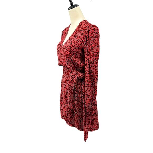 Free People Kinsley Red & Black Floral Print V-neck Long Sleeve Mini Wrap Dress - Picture 4 of 15